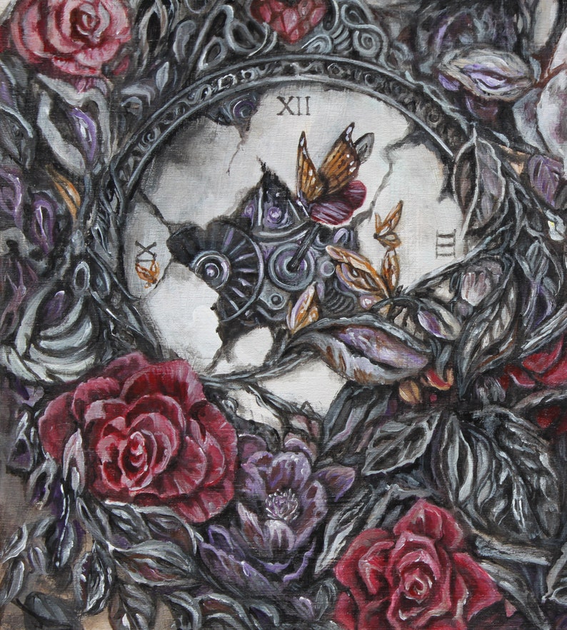 May include: A broken clock face with Roman numerals, surrounded by roses and butterflies. The clock face is cracked and has a mechanical gear visible. The roses are red and the butterflies are orange and purple.