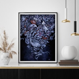 Mushroom & Flowers Fantasy Art Print, Surreal Wall Art, Purple Wall Decor