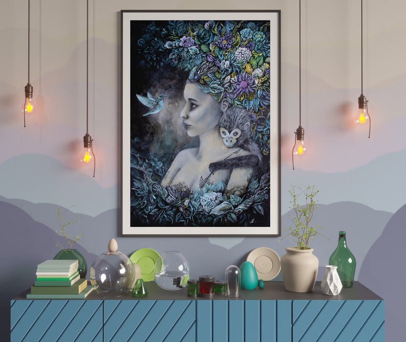 Goddess and Spider Monkey Gothic Art Print, Steampunk Floral Painting