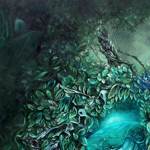 Steampunk Fantasy Art Print Enchanted Forest with Steampunk Egg, Skeleton Wall Art, Hummingbird Painting, Forest Art Print