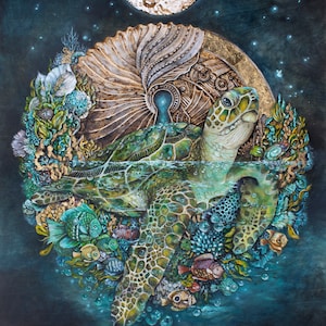 Celestial Sea Turtle Art Print, Coastal Wall Decor