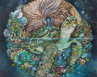 Celestial Sea Turtle Art Print, Coastal Wall Decor