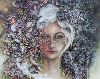 Steampunk Goddess Giclee Print: Butterfly & Flowers Fantasy Art