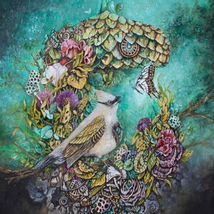 Steampunk Fantasy Bird, Acorn and Butterfly Print, Whimsical Nursery Wall Art