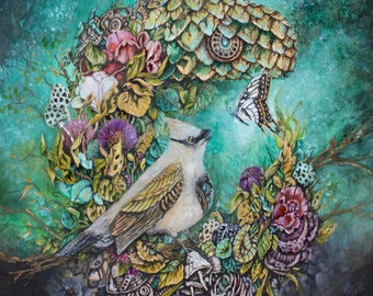 Steampunk Fantasy Bird, Acorn and Butterfly Print, Whimsical Nursery Wall Art