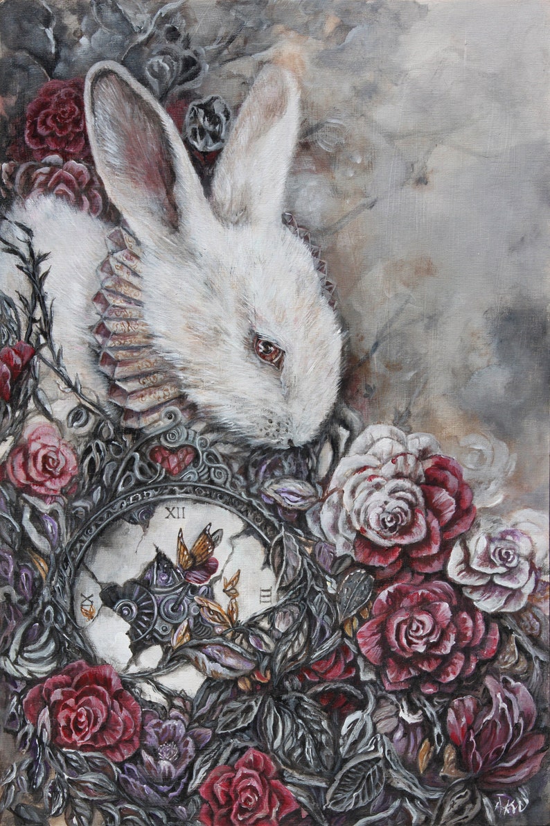 May include: A white rabbit with a ruffled collar is nestled in a bed of red and white roses. A broken clock face with Roman numerals and a butterfly is visible behind the rabbit. The image is painted in a dark, romantic style.