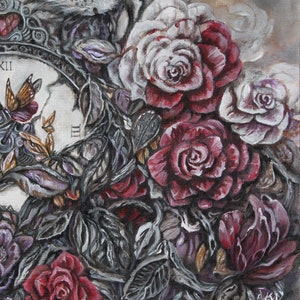 May include: A close-up of a painting featuring a clock face with Roman numerals and a butterfly, surrounded by red, white, and gray roses and leaves.