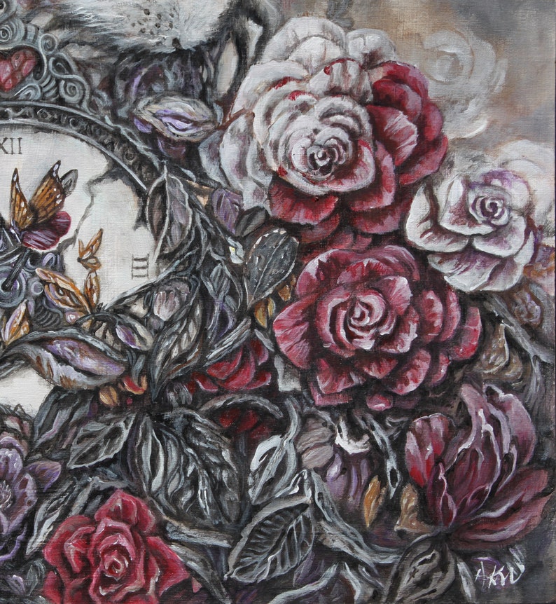 May include: A close-up of a painting featuring a clock face with Roman numerals and a butterfly, surrounded by red, white, and gray roses and leaves.