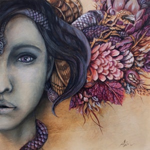 Medusa Goddess, Snakes and Flowers Fantasy Art Print, Mythical Creatures Art