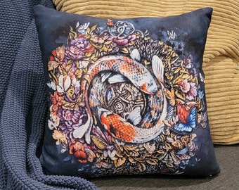 Decorative Throw Pillow, Koi Fish Decor, Pillow Decor, Cotton, Faux Linen, Faux Suede Pillow