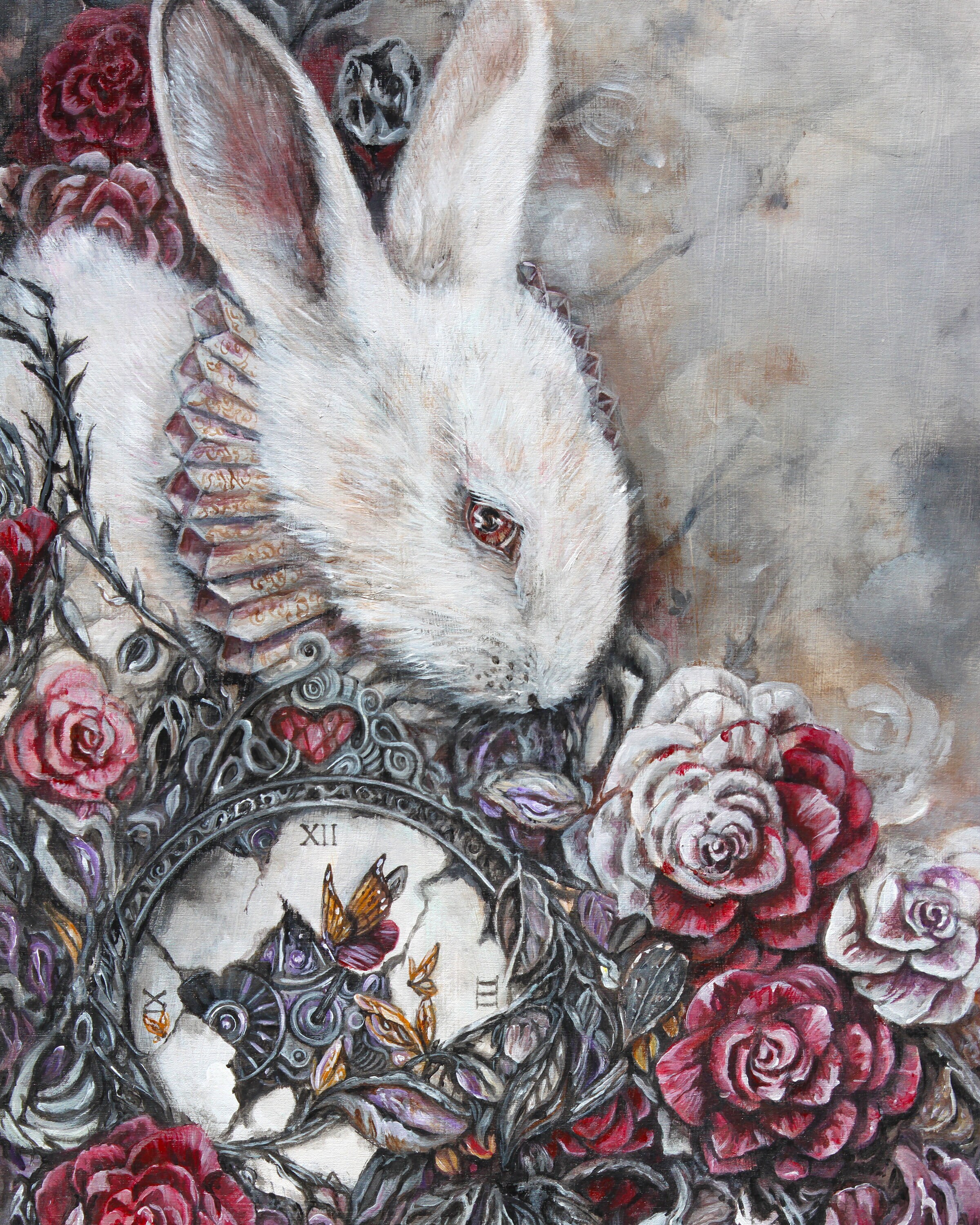 White Rabbit Art Print, Wonderland Bunny and Red Roses, Nursery Wall ...