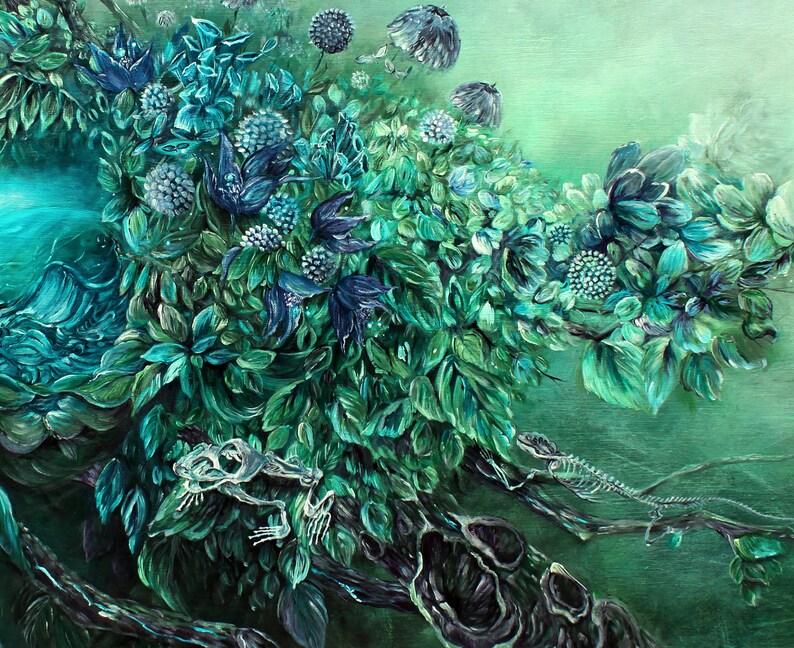 Steampunk Fantasy Art Print Enchanted Forest with Steampunk Egg, Skeleton Wall Art, Hummingbird Painting, Forest Art Print