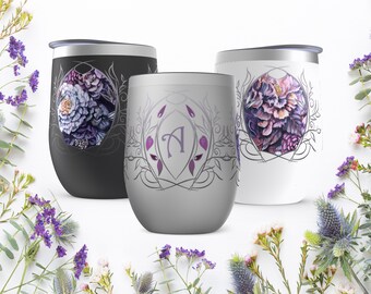 Personalized Wine Tumbler - Tumbler with Monogram and Purple Flowers
