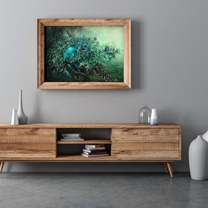 Steampunk Fantasy Art Print Enchanted Forest with Steampunk Egg, Skeleton Wall Art, Hummingbird Painting, Forest Art Print