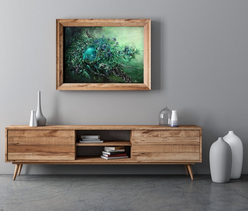 Steampunk Fantasy Art Print Enchanted Forest with Steampunk Egg, Skeleton Wall Art, Hummingbird Painting, Forest Art Print