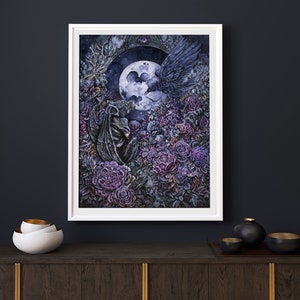 Moon, Raven and Gargoyle Fantasy Art Print, gothic artwork, gothic art print, gothic wall art, gargoyle fantasy painting