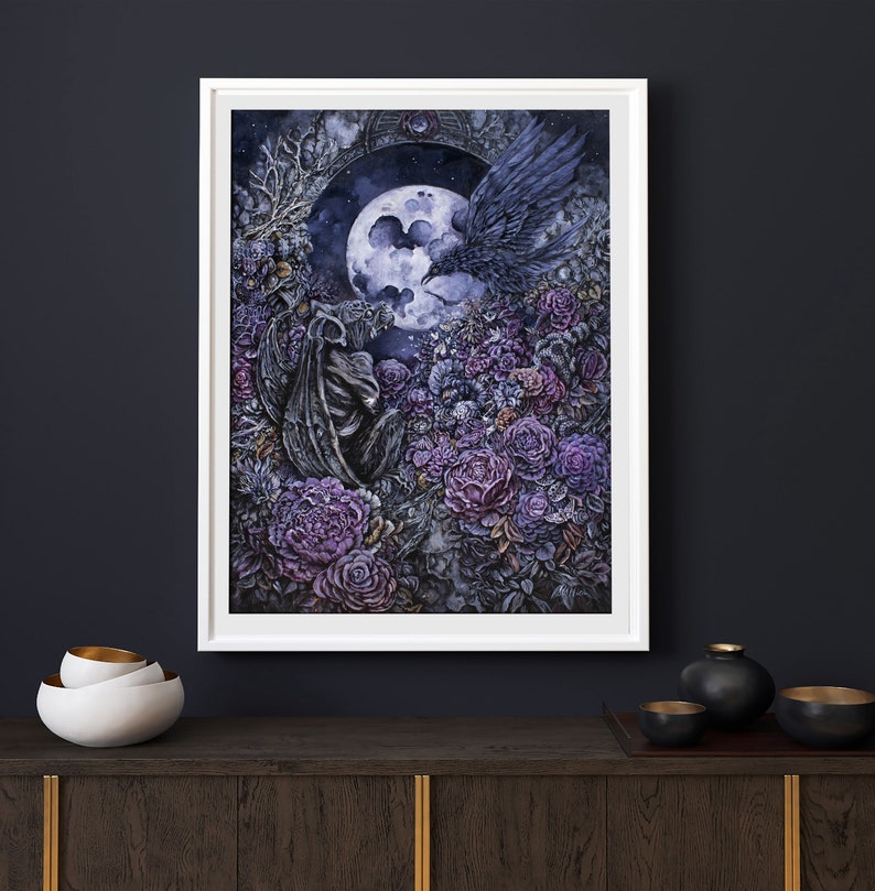 Moon, Raven and Gargoyle Fantasy Art Print, gothic artwork, gothic art print, gothic wall art, gargoyle fantasy painting