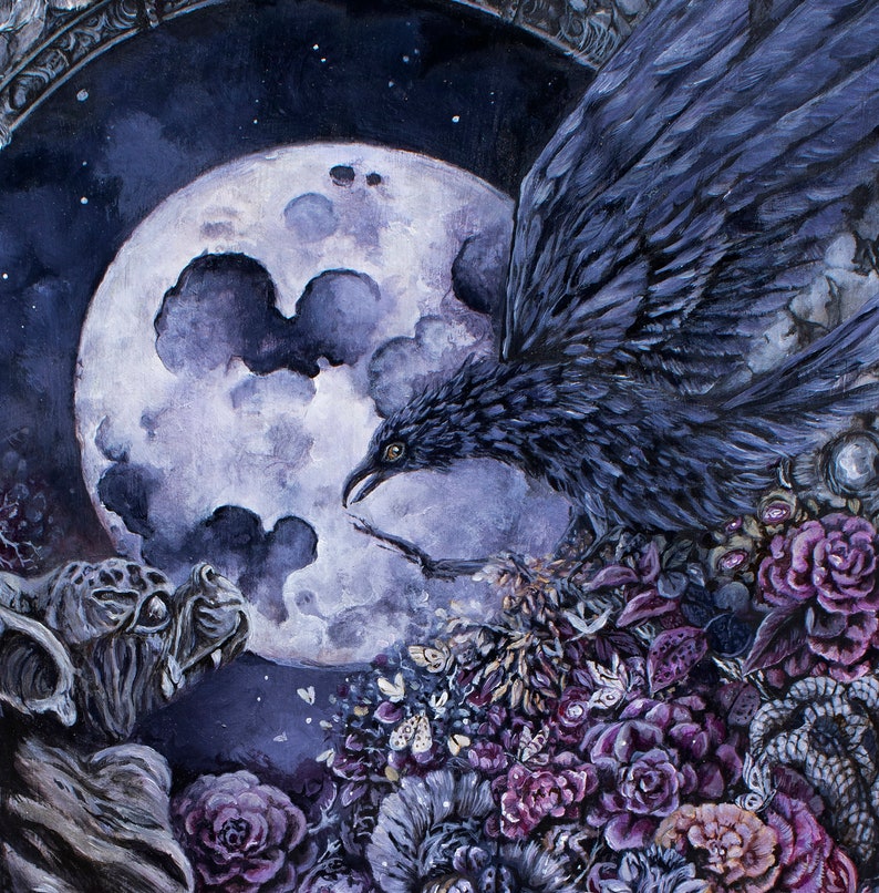 Moon, Raven and Gargoyle Fantasy Art Print, gothic artwork, gothic art print, gothic wall art, gargoyle fantasy painting