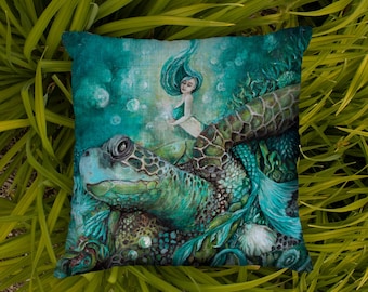 Sea Turtle Mermaid Outdoor Pillow: Water-Resistant Patio Decor
