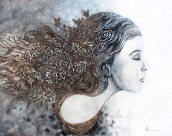 Goddess &#39;Persephone&#39; Art Print: Charcoal, Wood Burning, Boho Wall Art