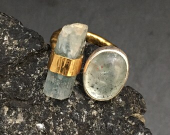 Double Aquamarine Ring - Raw Aqua Shard & Polished Aquamarine Oval