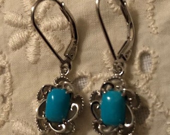 Ornate Sterling Silver Lever Back Sleeping Beauty Turquoise Earrings