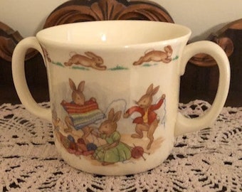 Vintage Fine Bone China Royal Doulton Bunnykins Two Handle Child's Mug Cup Family Knitting