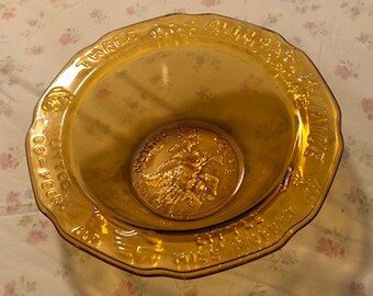 Vintage Tiara Amber Glass Mother Goose Nursery Rhymes Little Bo-Peep Three Blind Mice Little Miss Muffet Child's Bowl