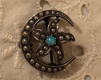 Antique Vintage Signed Victorian Sterling Silver Seed Pearl Opal Honeymoon Crescent Moon Flower Pin Brooch