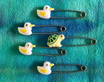 Four Vintage White Duck Diaper Pins  One Gerber Turtle Diaper Pin