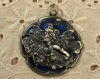 Lovely Vintage Silver and Blue Enamel Repousse Fairy Pendant with Silver Box Chain