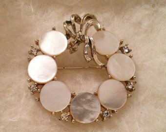 Vintage Mother of Pearl and Crystal Brooch Circle Pin