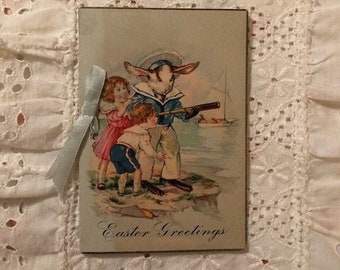 Antique Vintage Easter Card Children Rabbit Telescope Sailboat