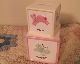 Adorable Ceramic French Building Block Bank Rabbit Butterfly Bird Lamb Cat Sun Angel Flower Bank