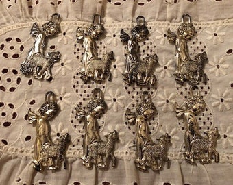 Set of 8 Vintage Double Sided German Silvertone Angel and Lamb Christmas Ornaments
