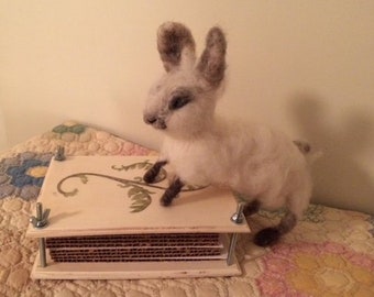 OOAK Needle Felted Wool White and Grey Bunny Rabbit