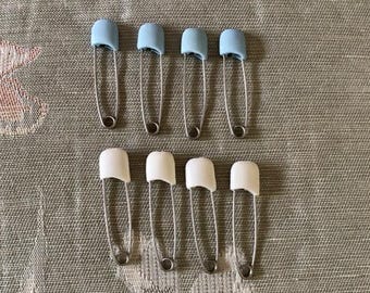 Set of Eight Vintage Blue and White Plastic Baby Diaper Pins