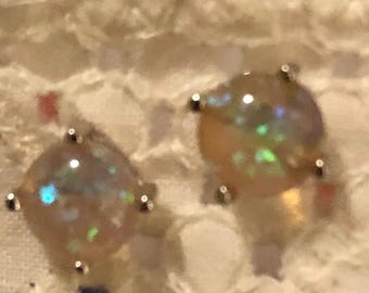 Small Round Colorful White Opal Cabochon Pink, Green, Blue Stud Post Earrings Sterling Silver Setting