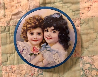 Small Tin Candy Box Two Sisters Pretty Little Girls Illustration