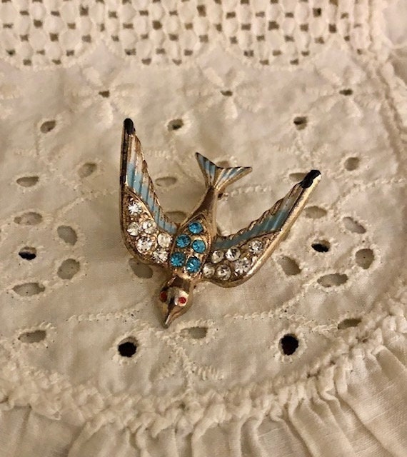 Vintage Enamel Rhinestone Bird Brooch Pin