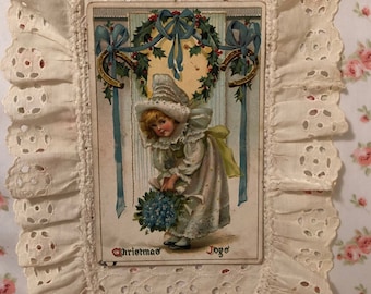Antique Vintage British Raphael Tuck & Sons Christmas Series Number 505 Postcard Little Girl With Bouquet and Horse Shoes