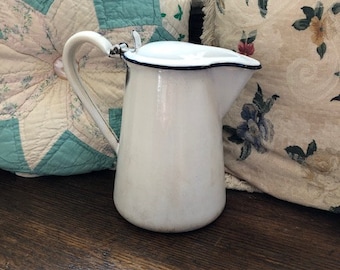 Vintage Shabby Chic White French Enamel Pitcher with Lid