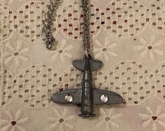 Vintage 1980's Glam Gray Metal Airplane Pendant Necklace