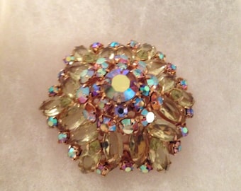 Large Vintage Yellow Aura Borealis Rhinestone Brooch