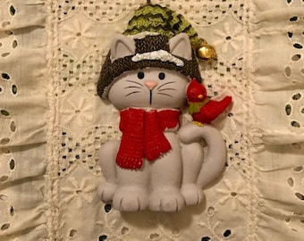 Gray Cat Christmas Ornament with Bell Toboggan and Red Bird