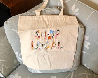 Hand Embroidered Cotton Muslin Medium Size Shop Local Tote Bag