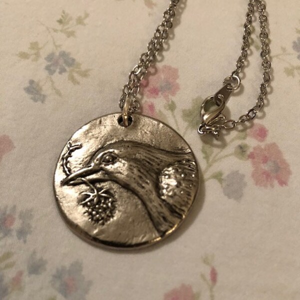 Silver Repousse Bird Pendant Necklace Emily Dickinson Poem Quote Pendant