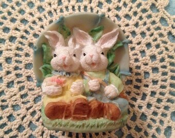 Vintage White Rabbits Boy and Girl Bunny With Umbrella Figurine