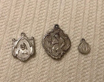Three Vintage Silver Religious Medals Religious Pendants Religious Charms Jesus Pendants Madonna and Child Pendants