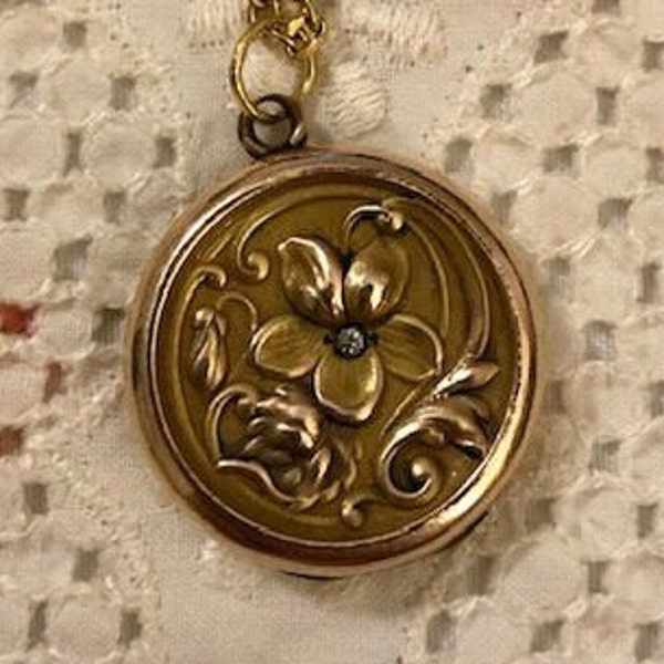 Small Vintage Antique Art Nouveau Yellow Gold-Filled Floral Flower Violet Repousse Locket Pendant with Engraved Back and 18" Gold Chain